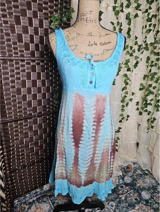 raya sun Dresses & Skirts - Boho Tie Dye Turquoise Dress Fairycore Cottagecore Festival Embroidered Sundress